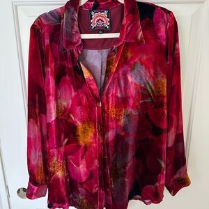 Johnny Was Red and Pink Velvet Button-Down Shirt